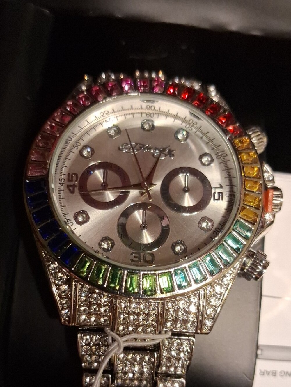 Ed Hardy Silver Crystal Watch with Rainbow Bezel